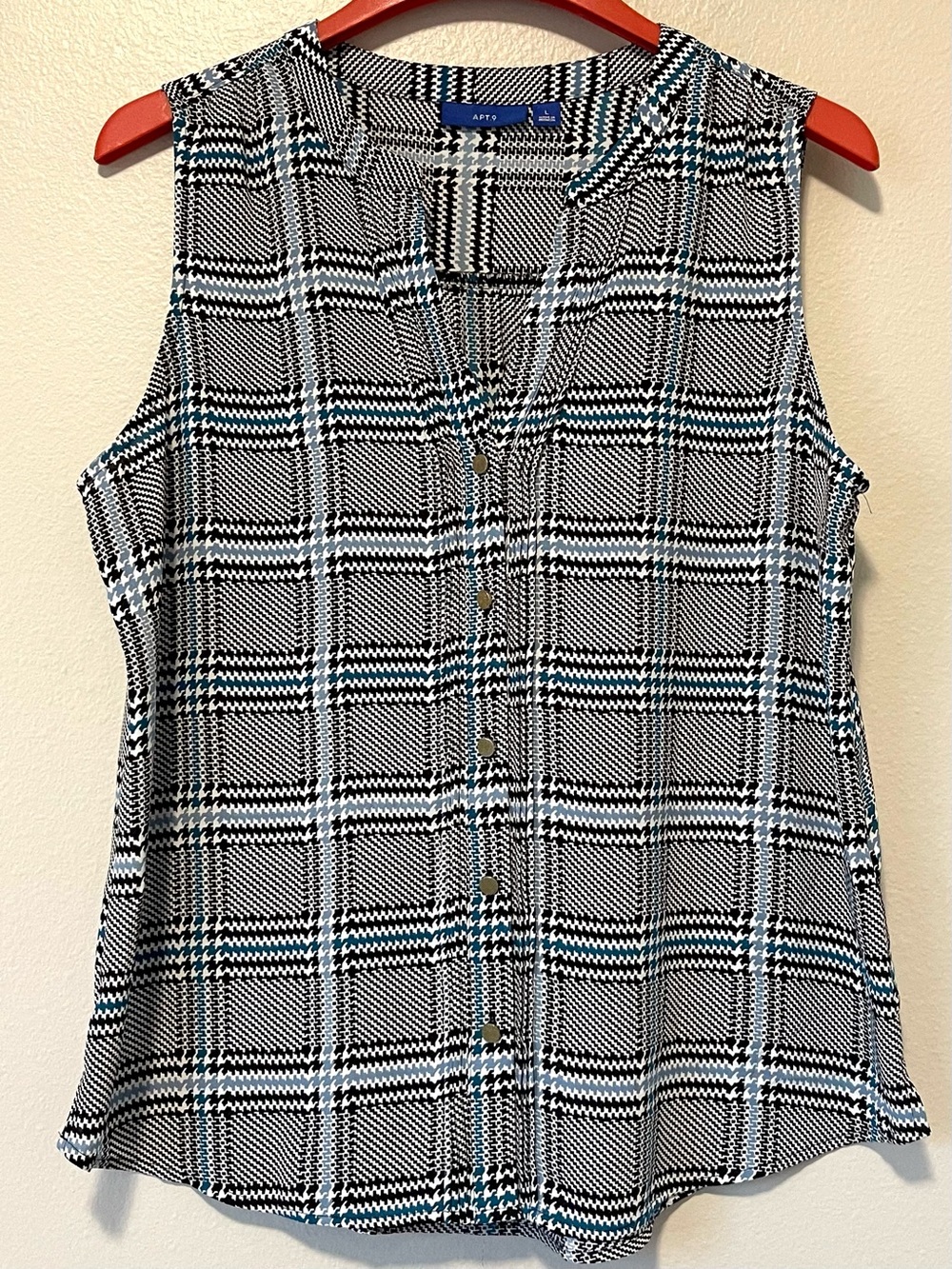 Apt. 9 Henley Sleeveless Blouse - Glen Plaid & Blue Accents - Size Large